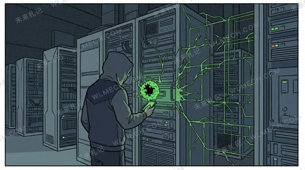 黑客在服务器机房中操控绿色网络的插画